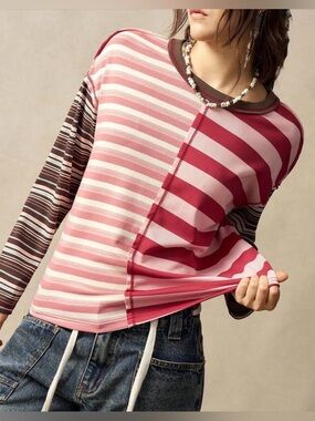 Striped Long Sleeve Tee in Pink and Brown